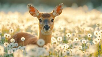 White-tailed deer fawn relaxing in dandelion field at sunset photo