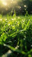 Dewy grass sparkling in the warm light of the rising sun photo