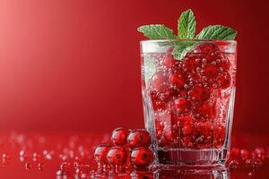 Glass of sparkling water with redcurrant and mint on red background photo