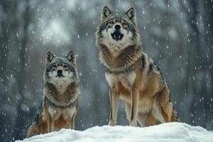 Two wolves howling while standing on snowy hill during winter photo