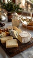 Glass of white wine surrounded by cheese selection on wooden board photo