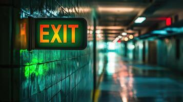 Old exit sign showing the way out of building photo
