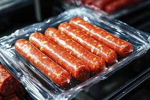 Fresh sausages are wrapped in plastic in a display case photo