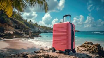 Pink suitcase standing on a tropical beach is waiting for the start of the journey photo