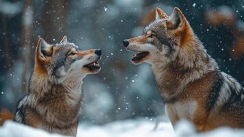 Two wolves howling in snowy forest during winter photo