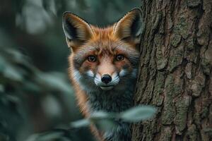Curious red fox peeking from behind a tree in autumn photo