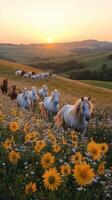 Herd of horses running through field of flowers at sunset photo