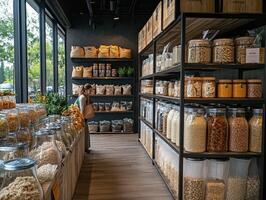 Grocery store displaying local products in sustainable bulk bins photo