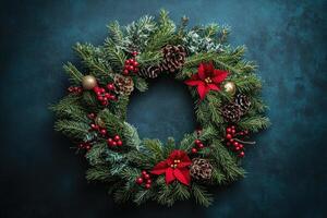 Christmas wreath with pine cones and red berries lying on dark background photo