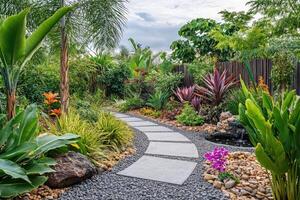 Stone garden path leading to modern jacuzzi and waterfall feature photo