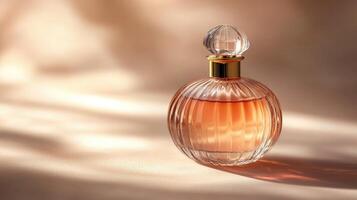 Elegant perfume bottle casting shadow on beige background photo
