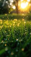 Dewy grass sparkling in the warm light of the rising sun photo