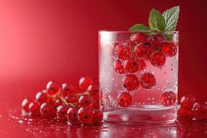 Glass of sparkling water with redcurrant and mint on red background photo