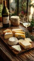 Glass of white wine surrounded by cheese selection on wooden board photo