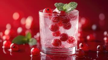 Refreshing red cocktail with ice, redcurrant and mint on red background photo