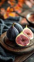 Fresh figs displayed on a rustic wooden cutting board photo