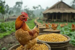Rooster standing on edge of barrel looking over soybeans on farm photo