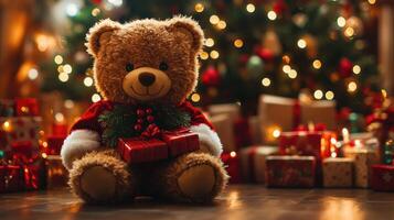 Cute teddy bear wearing santa claus clothes holding mistletoe near christmas tree photo