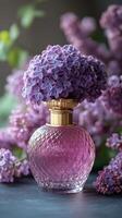 Perfume bottle surrounded by lilacs creating a spring atmosphere photo