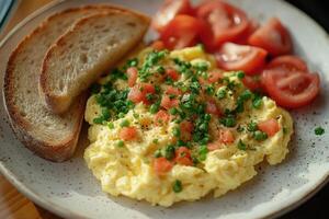 Plate of scrambled eggs topped with chives and served with toast and tomatoes photo