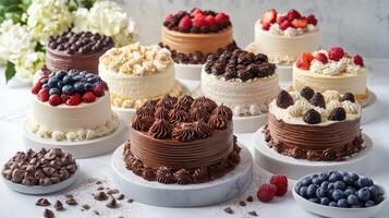 Delicious cakes with fresh fruits are waiting for the guests on the table photo