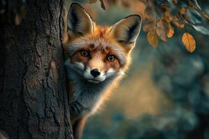 Curious red fox peeking from behind a tree in autumn photo