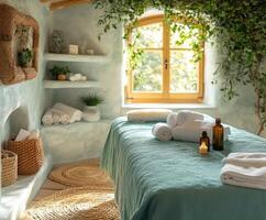 Empty massage table waiting in tranquil spa room with sunlight streaming through window photo
