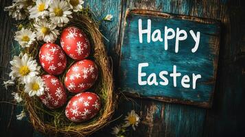 Happy easter wishing with red painted eggs and daisies surrounding a blackboard photo