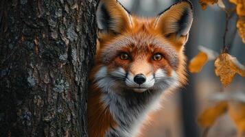 Curious red fox hiding behind a tree in the forest photo