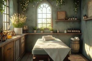 Luxurious spa room with massage table and candles providing relaxing atmosphere photo