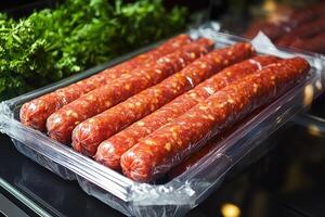 Fresh sausages are wrapped in plastic in a display case photo