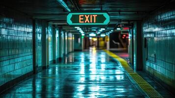 Old exit sign showing the way out of building photo