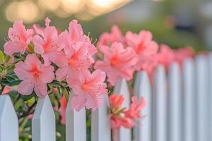 Pink azalea flowers blooming over white picket fence in spring garden photo