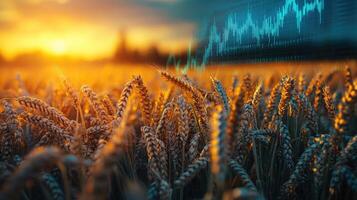 Golden wheat field with stock market graph showing growth potential photo