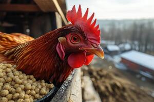 Red hen looking over the edge of a chicken coop photo