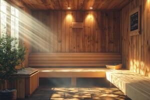 Sunrays shining through window of empty sauna photo