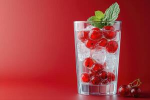 Glass of sparkling water with redcurrant and mint on red background photo
