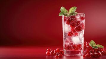 Refreshing red cocktail with ice, redcurrant and mint on red background photo