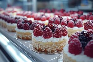 Delicious cakes with fruits and chocolate sitting on countertop display in bakery photo