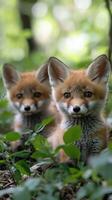 Two red fox cubs relaxing in the forest photo