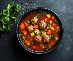 Delicious soup with meatballs and vegetables being served in black bowl photo
