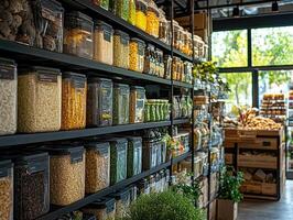 Grocery store displaying local products in sustainable bulk bins photo