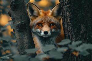 Curious red fox peeking from behind a tree in autumn photo