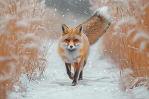 Red fox standing in the snow while snowing photo