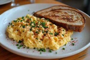 Plate of scrambled eggs with toast and salad for breakfast photo