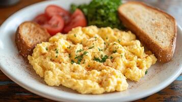 Scrambled eggs topped with chives and toasted bread on a plate for breakfast photo