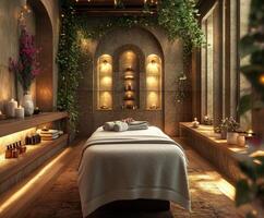 Luxurious spa room with massage table and candles providing relaxing atmosphere photo