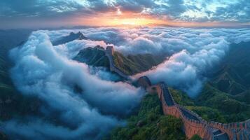 The great wall of china winding through misty mountains photo