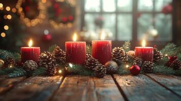 Christmas candles glowing on a rustic wooden table with pine branches and pine cones photo