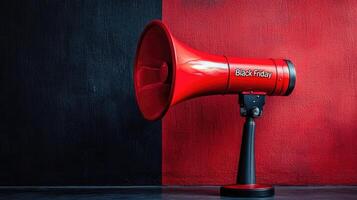 Red megaphone announcing black friday on red and black background photo